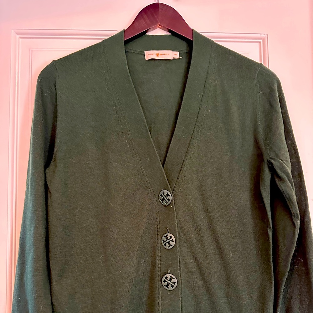 Tory Burch Light Wool Rich Green Cardigan with tone on tone buttons